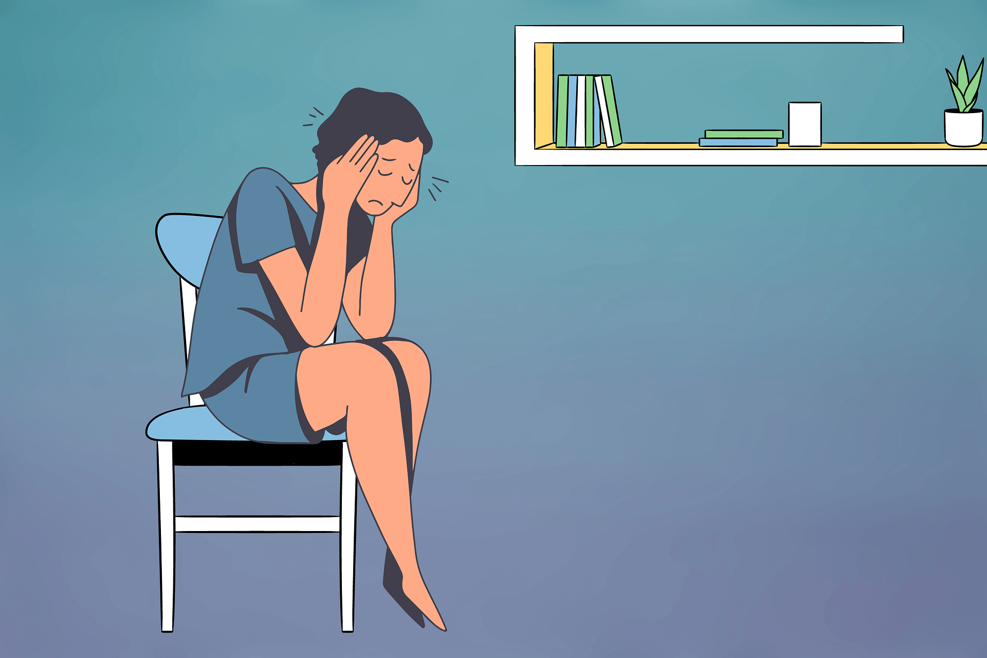Frau hält sich den Kopf wegen Migräne Schmerzen